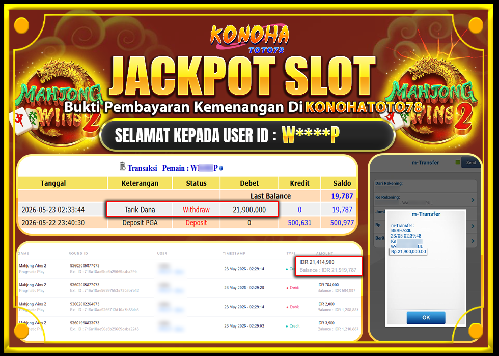 KONOHATOTO78 JACKPOT MAHJONG WINS 2 Rp.21.900.000,- LUNAS